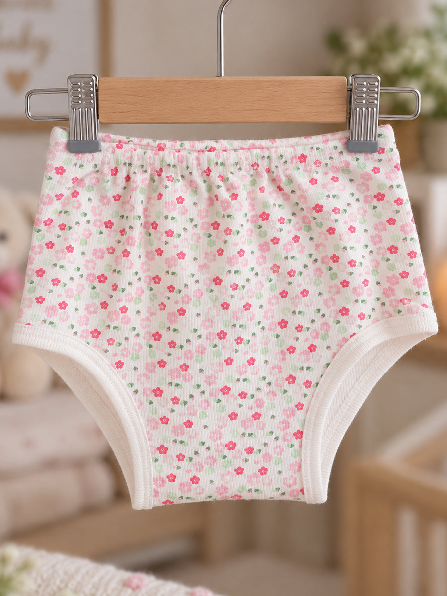 Ziva Baby Girl Frock with Pantie – Soft Ivory Pink Floral Print | Premium Knitted Cotton | Crochet Lace Neckline & Back Knot Tie | 2-Piece Set