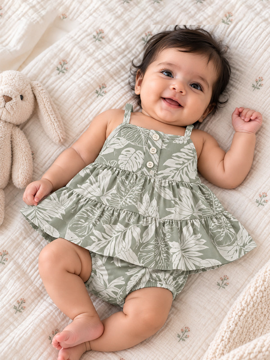 Ziva Baby Girl Strappy Frock with Pantie – Sage Green Tropical Leaf Print | Knitted Cotton