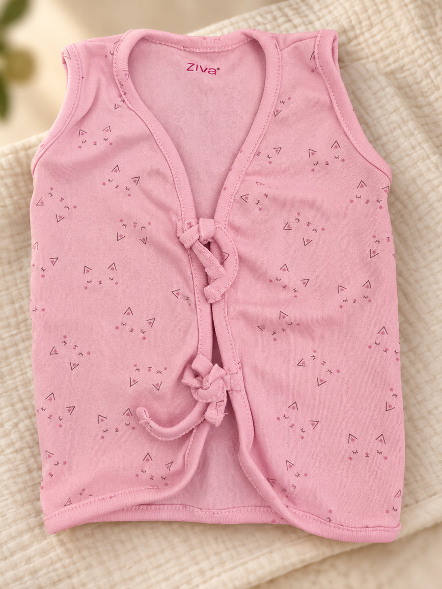 Ziva Newborn Knitted Cotton Front Open Tie Jabla with Light Padded Tie Nappy – Soft Pink Mini Print | 1 Jabla + 1 Nappy