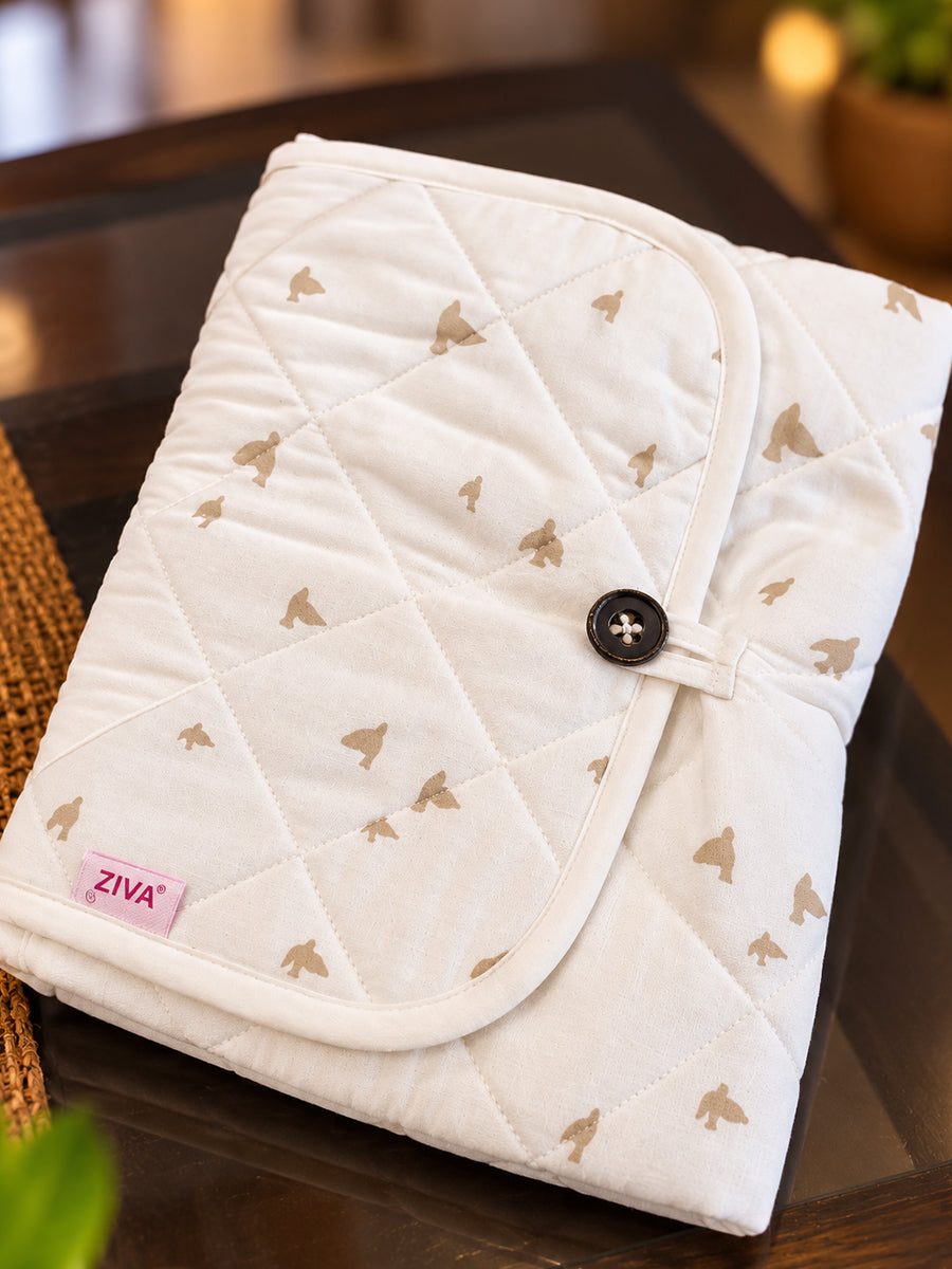 Ziva Baby Nappy & Diaper Changing Sheet – Foldable Travel Changing Mat with Storage Pocket | Soft White Little Bird Print