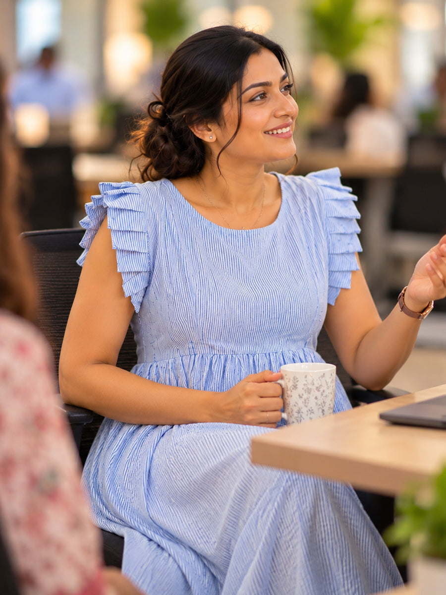 Ziva Cotton Maternity & Nursing Dress – Light Powder Blue & White Striped | Concealed Feeding Zips & Layered Pleated Sleeves