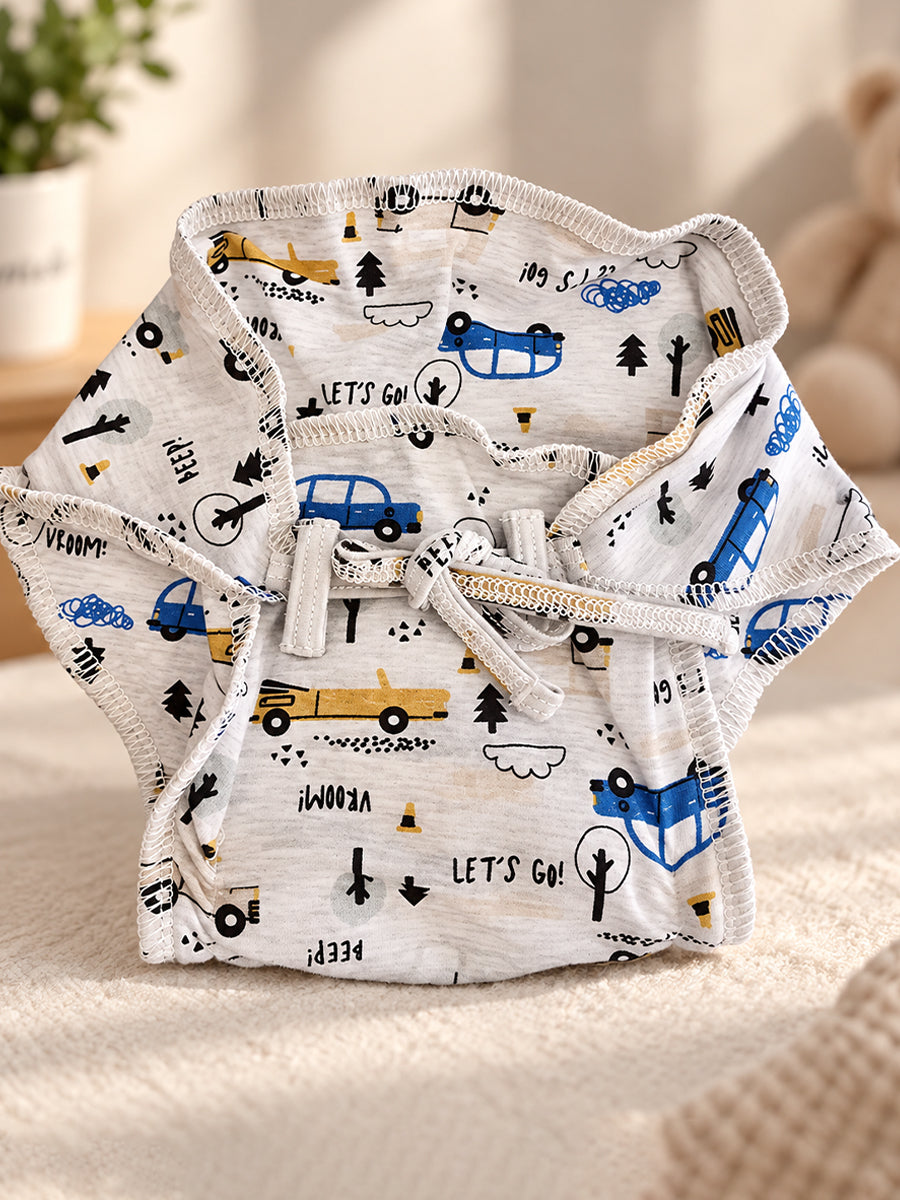 Ziva Newborn Knitted Cotton Front Open Tie Jabla with Light Padded Tie Nappy – Road Trip Vehicle Print | 1 Jabla + 1 Nappy