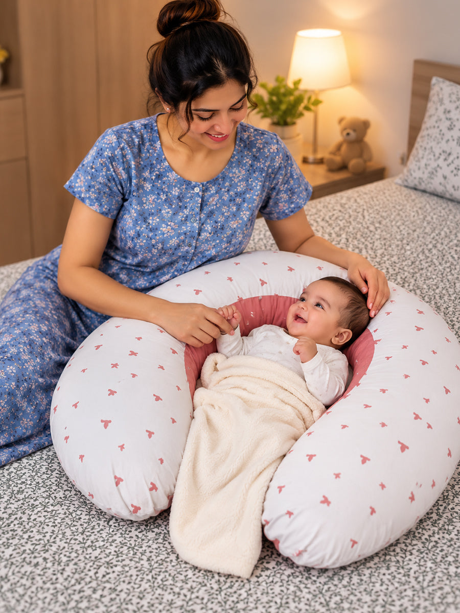 Ziva Multipurpose Feeding Pillow – White & Peach Pink with Reversible Bird Print | 100% Cotton Cover | Removable & Washable