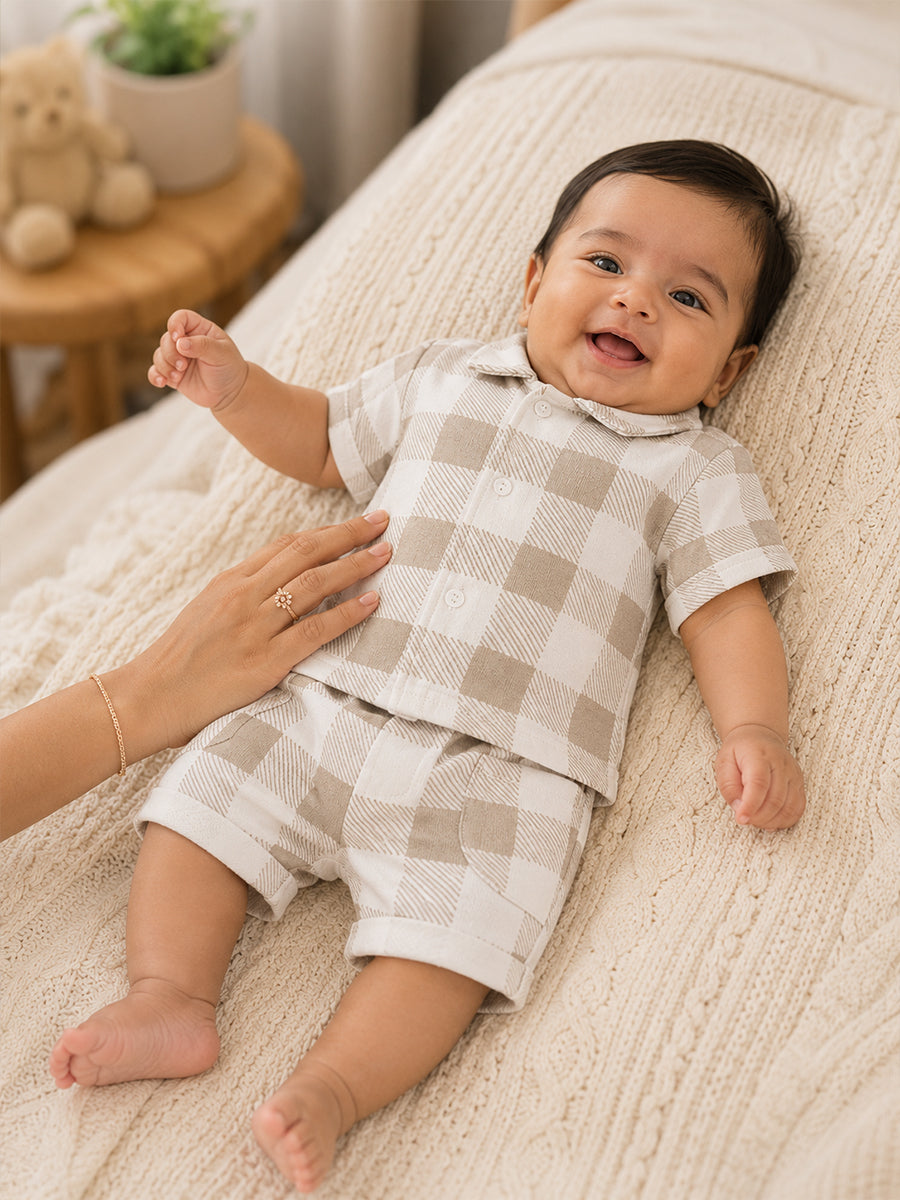 Ziva Premium Knitted Cotton Baby Co-Ord Set – Collar Neck Shirt & Elastic Waist Shorts | Cream & Grey Gingham Print