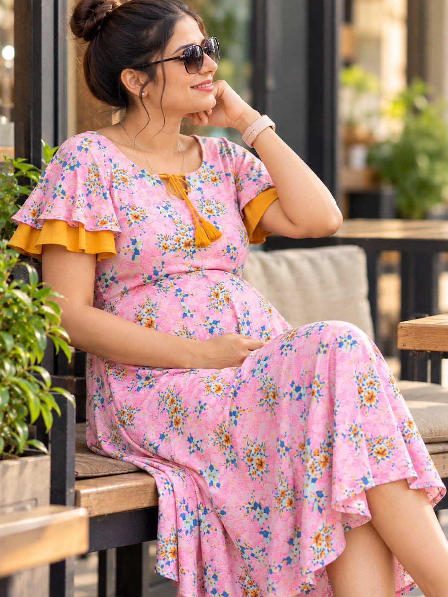Ziva Maternity & Feeding Dress – Premium Soft Rayon – Umbrella Cut, Double-Layer Circular Sleeves | Soft Pink Floral
