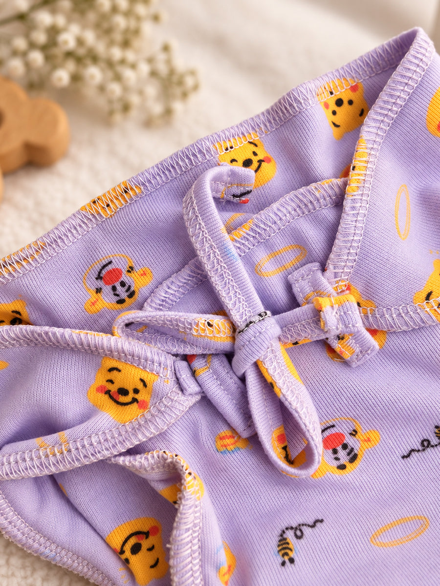 Ziva Newborn Knitted Cotton Front Open Tie Jabla with Light Padded Tie Nappy – Light Lilac Bear Print | 1 Jabla + 1 Nappy