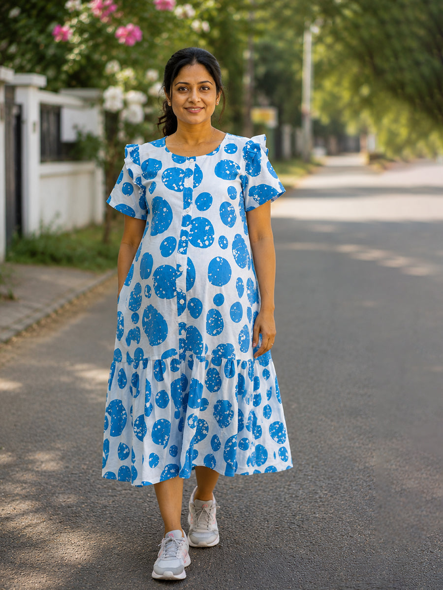 Ziva Maternity & Feeding Cotton Full-Open Short Nighty with Side Pocket – Blue & Off White Irregular Spot Print