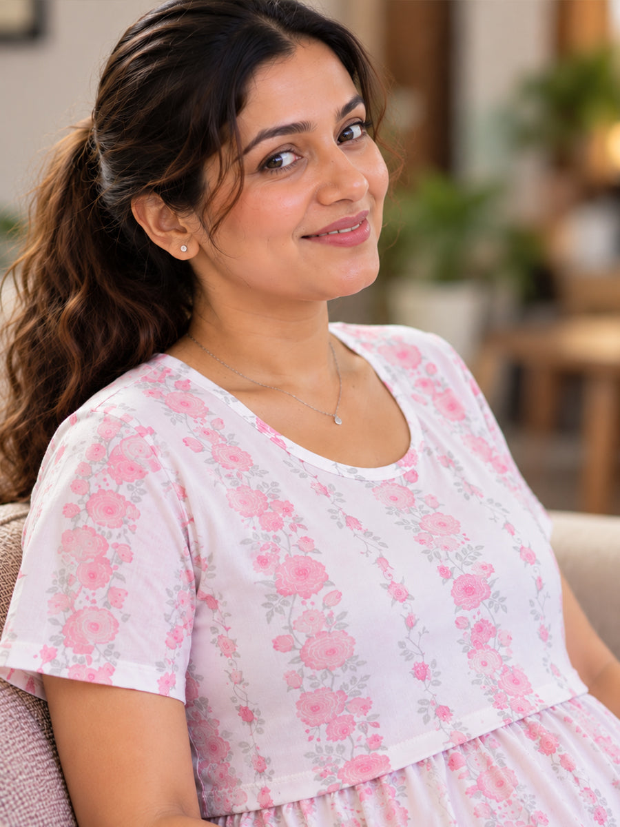 Ziva Zipless Maternity & Feeding Knitted Dress with Adjustable Waist Tie & Side Pocket | Soft Off-White Dusty Rose Floral Print
