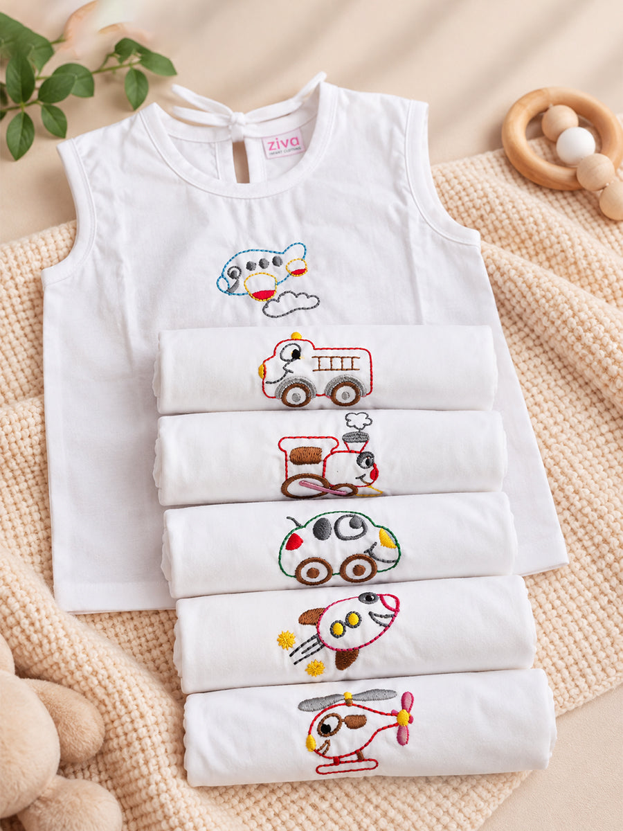 Ziva Premium Cotton Embroidery Jabla – Back Tie Newborn Baby Wear | Cute Vehicle Embroidery | 6 Pieces