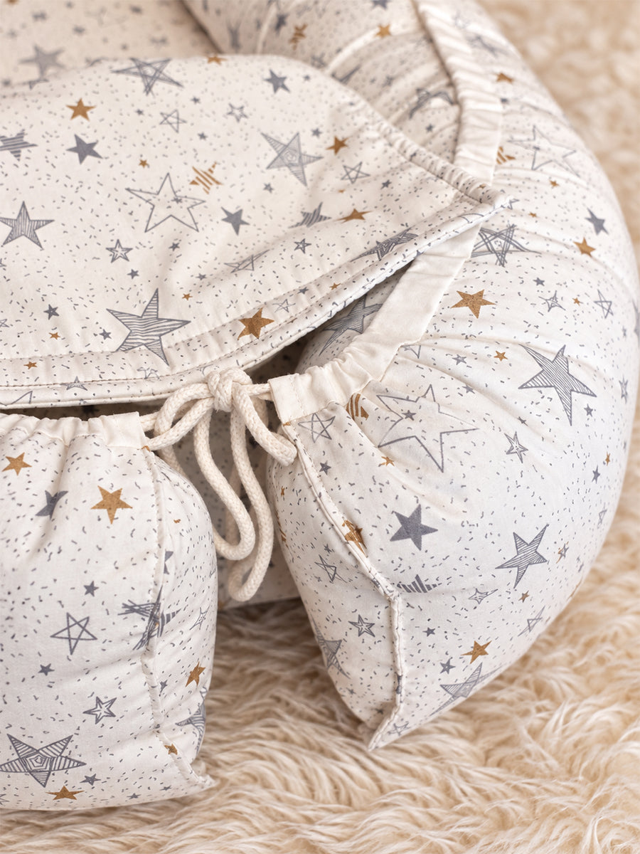 Premium Organic Cotton Multipurpose Baby Nest – Newborn Baby Lounger & Baby Bed | Grey & Gold Star Print | Ziva Collected | Carefully Selected for Your Little One