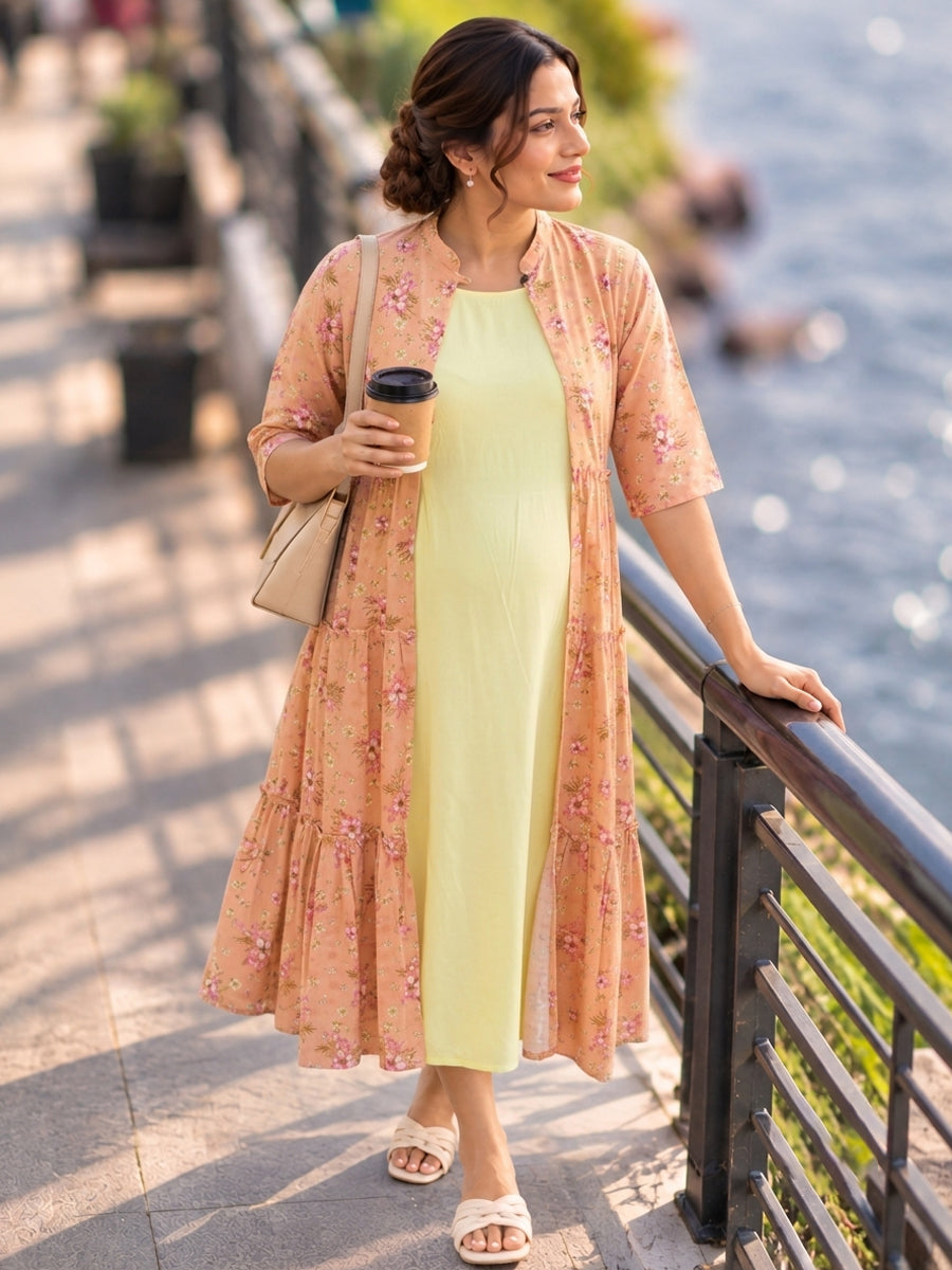 Ziva Maternity & Feeding Sleeveless Dress with Versatile Floral Tiered Jacket – 3 Ways to Wear | Soft Lemon Yellow & Vibrant Peach Floral