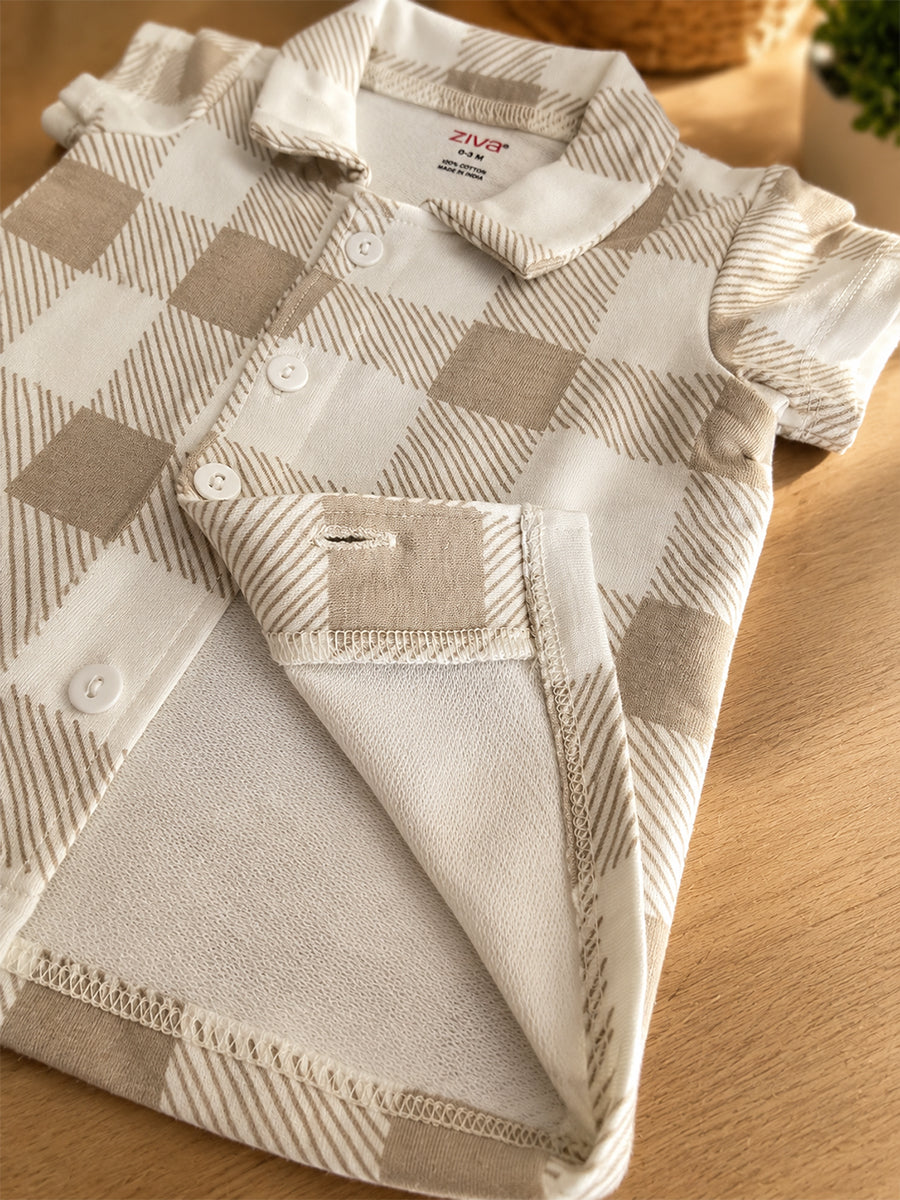 Ziva Premium Knitted Cotton Baby Co-Ord Set – Collar Neck Shirt & Elastic Waist Shorts | Cream & Grey Gingham Print