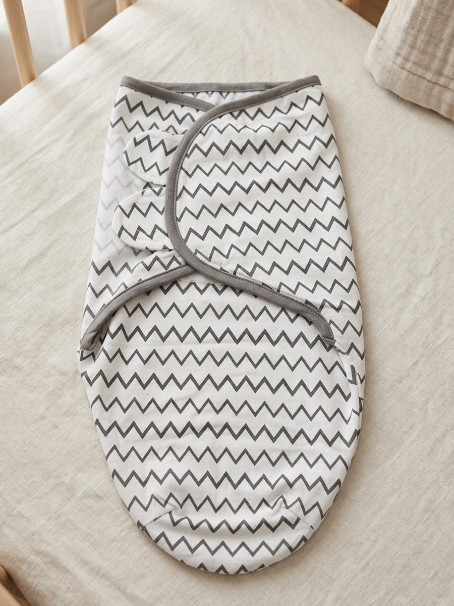 Baby Knitted Cotton Velcro Swaddle – White with Grey Zigzag Print | Adjustable Velcro Closure | Ziva Collected | Carefully Selected for Your Little One