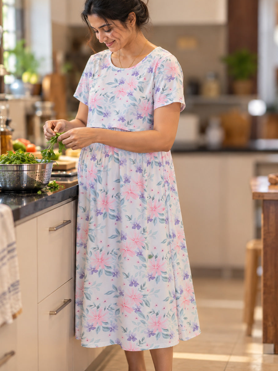 Ziva Zipless Maternity & Feeding Knitted Dress with Adjustable Waist Tie & Side Pocket | Soft Off-White Pink & Lavender Floral Print