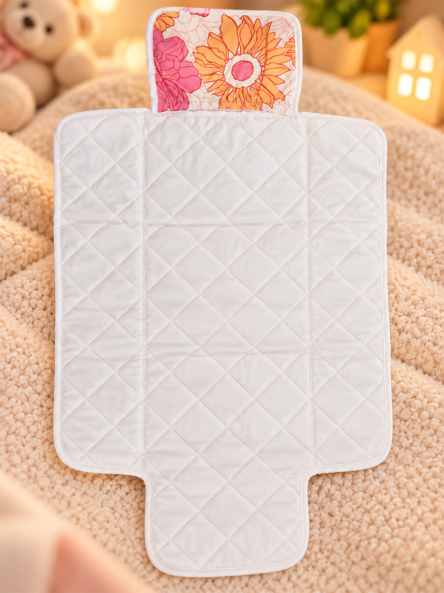 Ziva Baby Nappy & Diaper Changing Sheet – Foldable Travel Changing Mat with Storage Pocket | Pink & Peach Floral Print