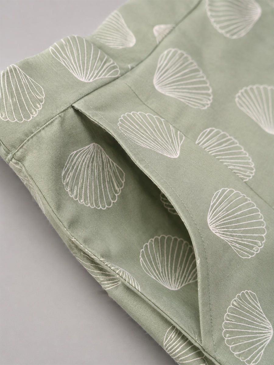 Ziva Maternity & Feeding Cotton Co-ord Set with Side Zips & Pockets – Pistachio Green Seashell Print