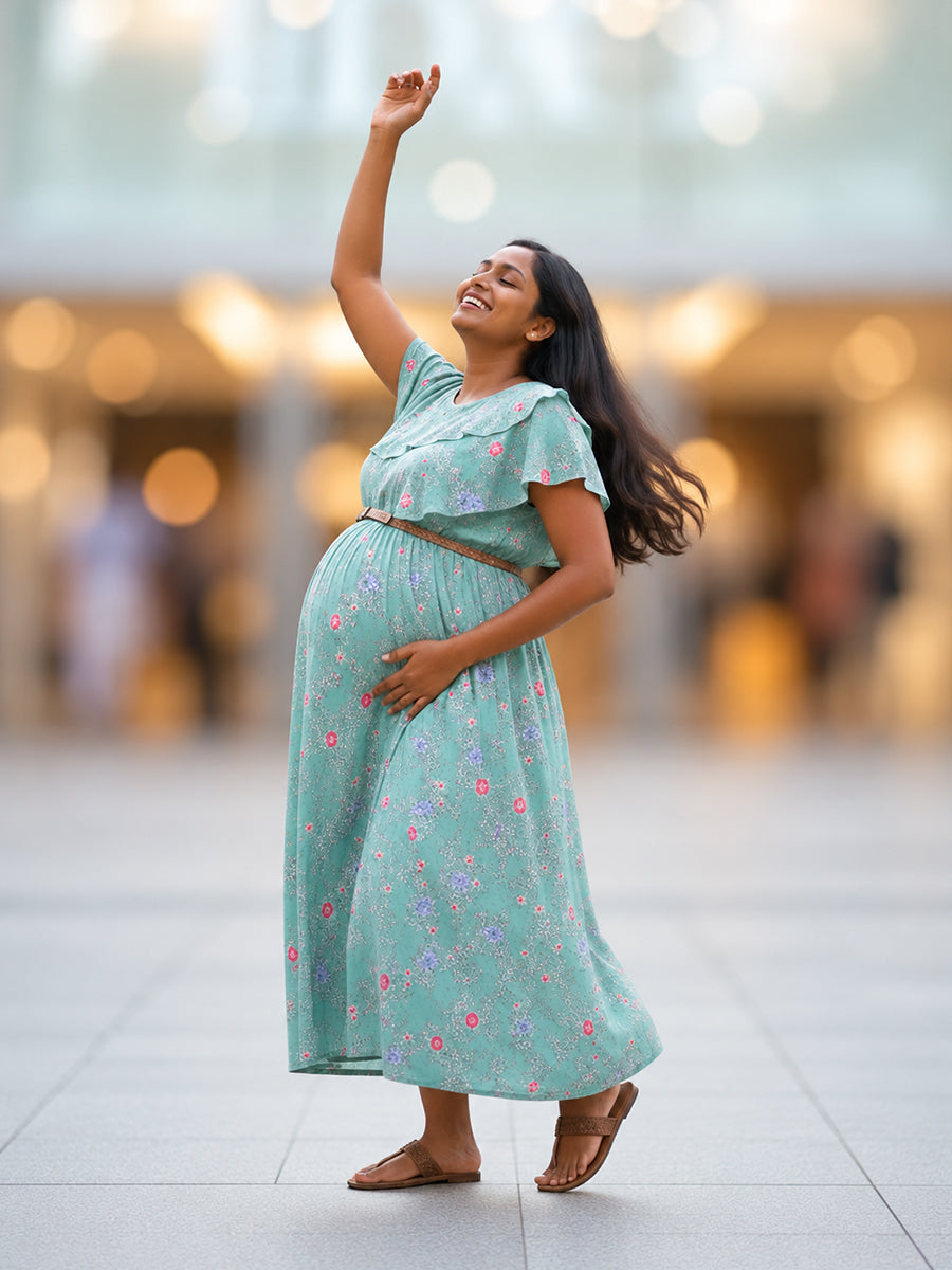 Ziva Light Blush Pink Floral Ruffle Overlay Maternity & Feeding Dress with Concealed Dual Zips, Belt & Pockets