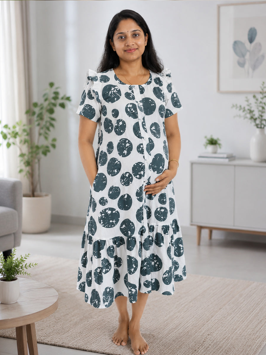 Ziva Maternity & Feeding Cotton Full-Open Short Nighty with Side Pocket – Dark Grey & Off White Irregular Spot Print