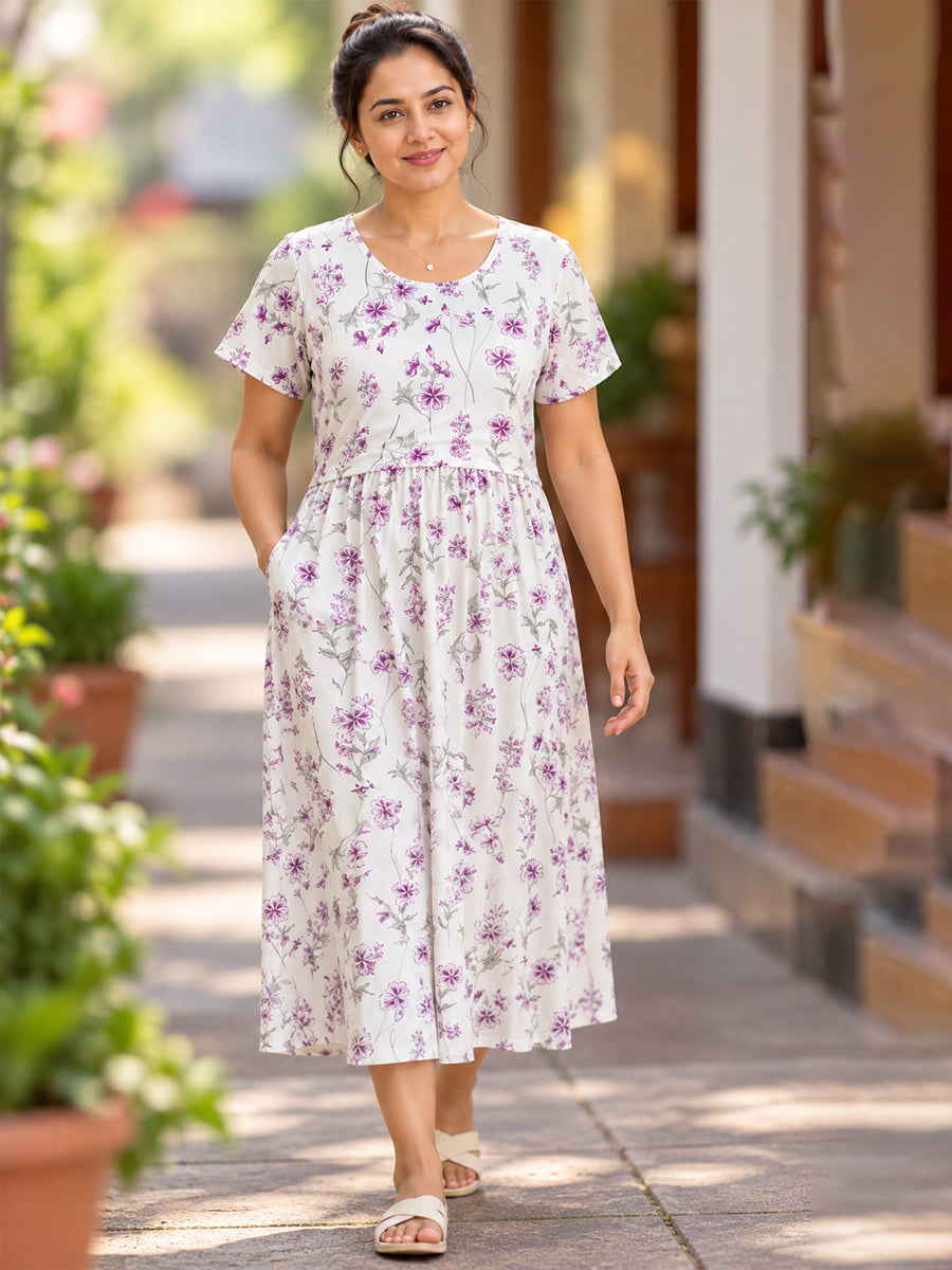 Ziva Zipless Maternity & Feeding Knitted Dress with Adjustable Waist Tie & Side Pocket | Soft White Purple Floral Print