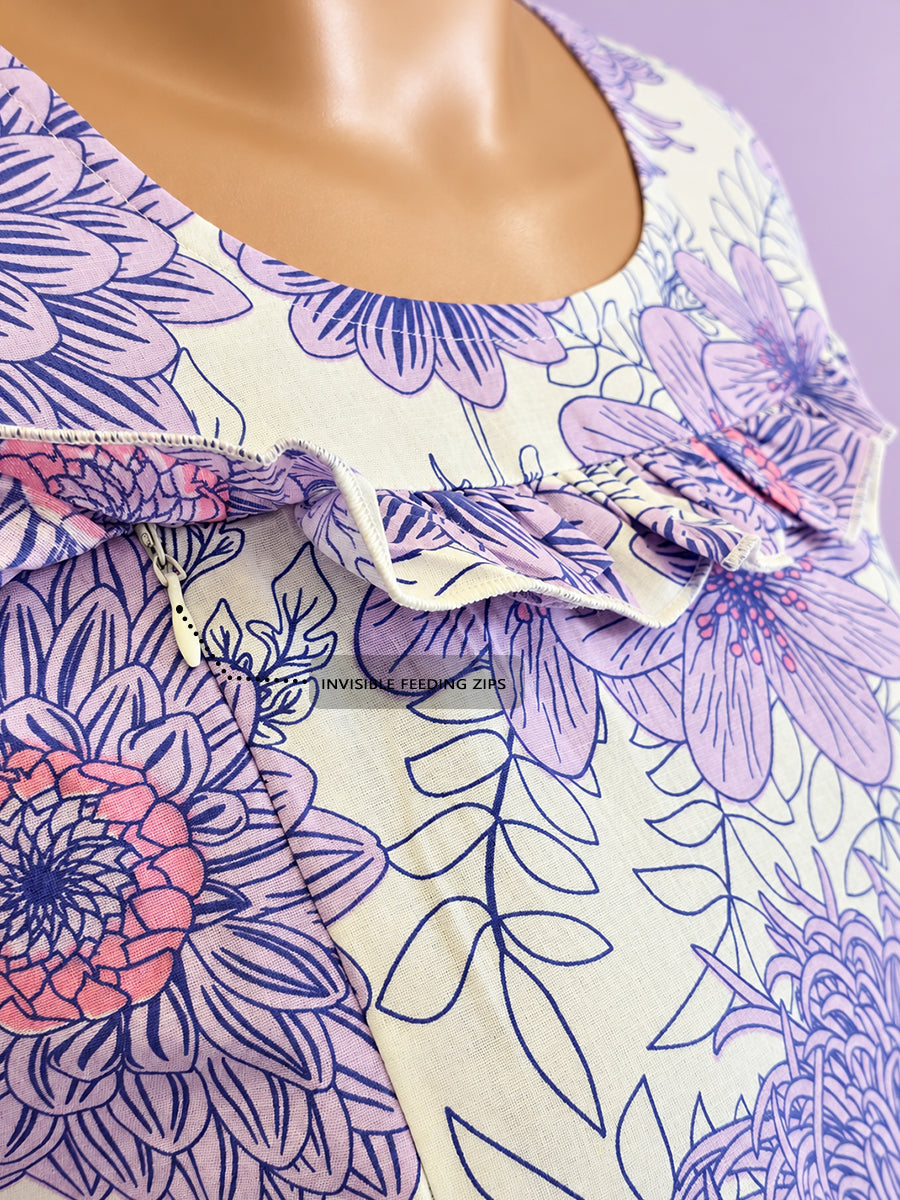 Ziva Maternity & Feeding Cotton Short Nighty – Concealed Feeding Zips & Side Pocket | Purple Floral Print