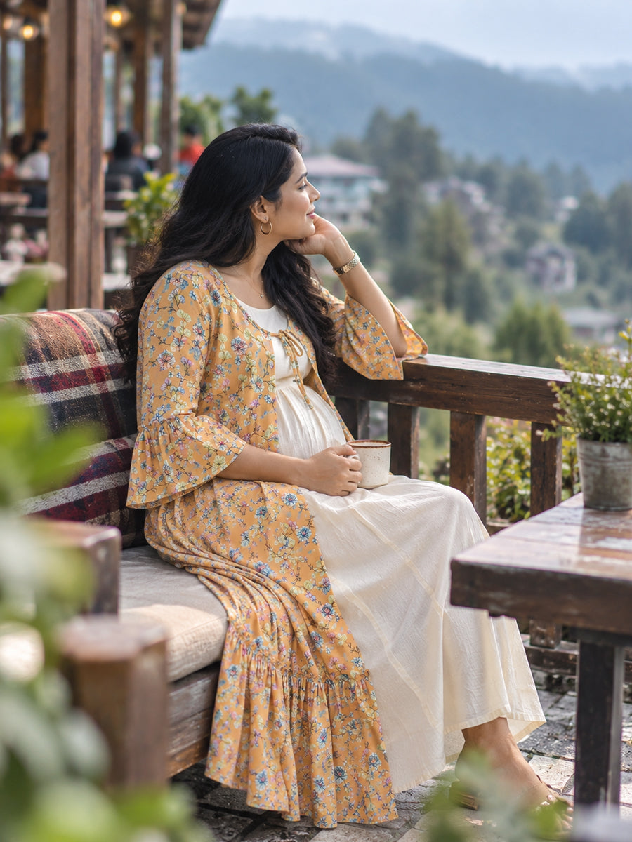 Ziva Premium Rayon Maternity & Feeding Dress with Sleeveless Inner & Floral Tie-Up Long Jacket with side pocket – Off-White & Peach Orange Multicolour Floral