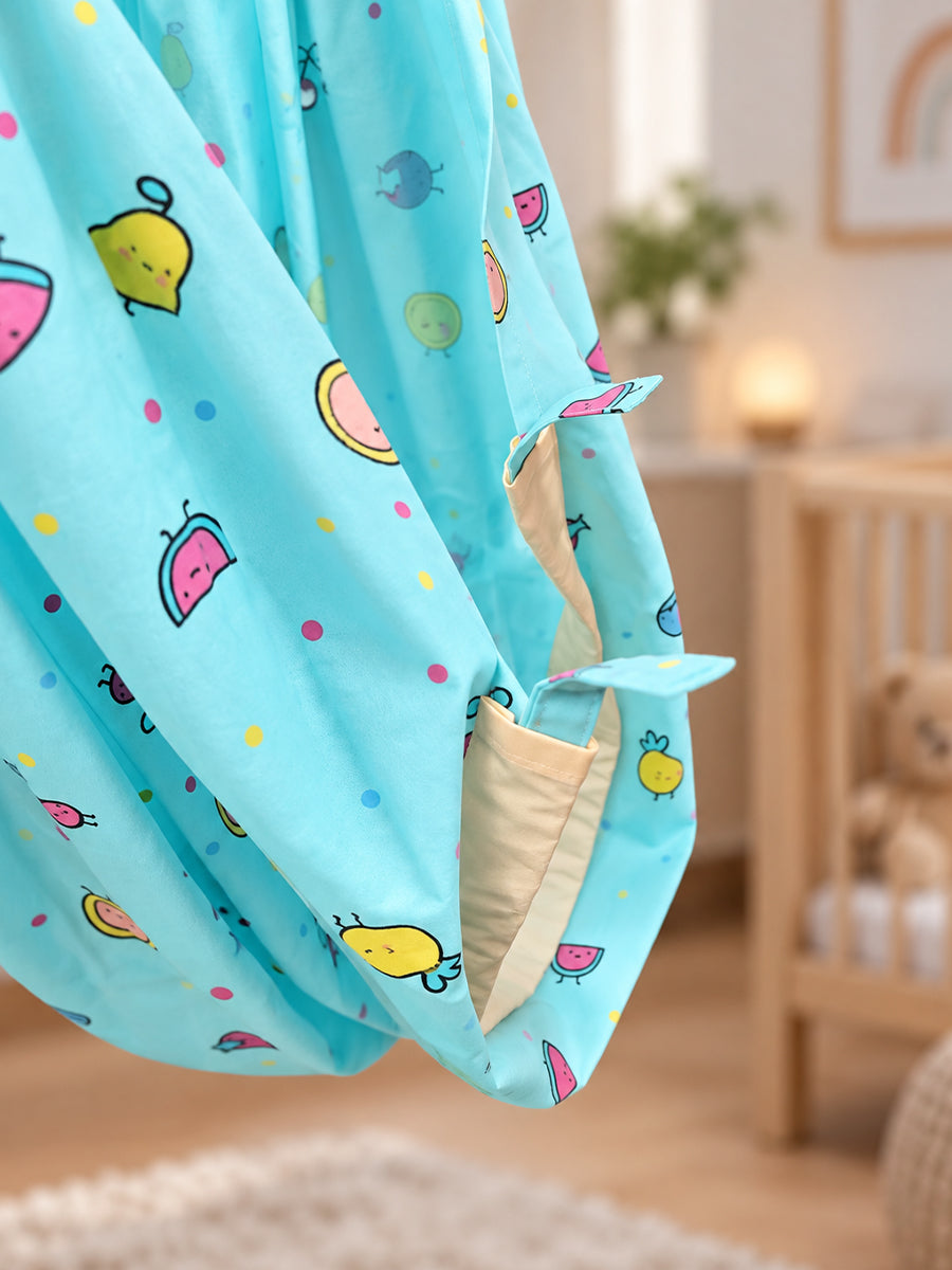 Ziva Baby Cradle – Fruity Friends Cream | Premium Cotton Cloth Cradle with Aqua Blue Mosquito Net, Hanger & S-Hook