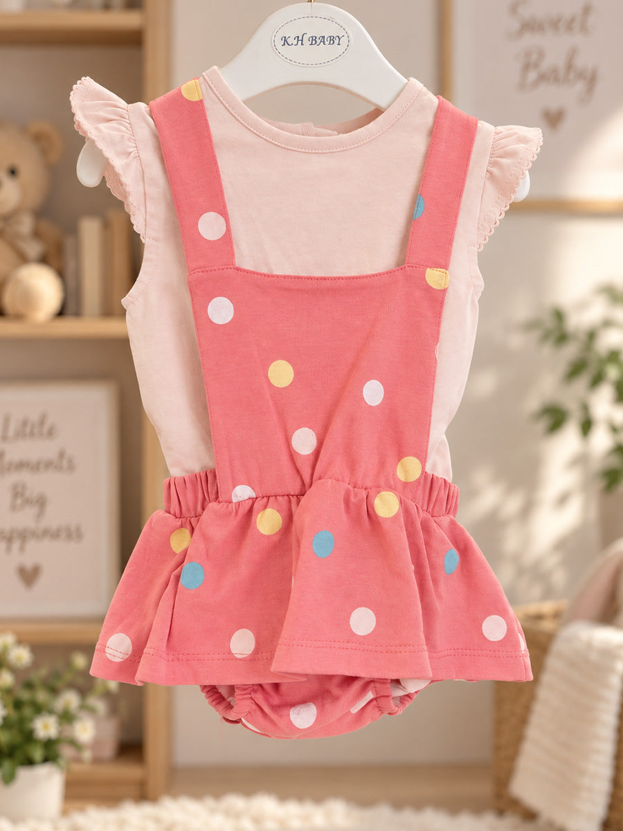 Baby Knitted Cotton Pinafore Romper Set – Coral Multicolour Polka Dot | Inner Top & Hairband | Newborn to 9–12 Months