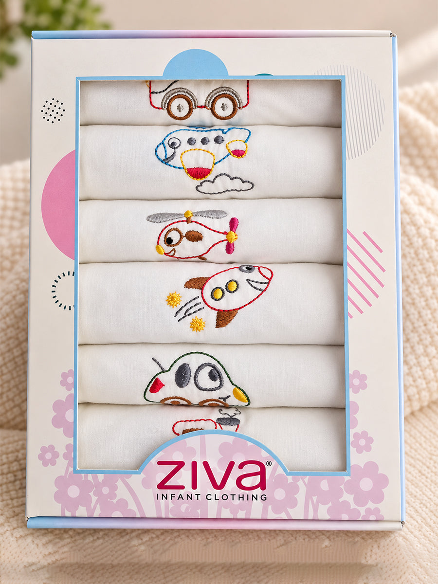 Ziva Premium Cotton Embroidery Jabla – Back Tie Newborn Baby Wear | Cute Vehicle Embroidery | 6 Pieces