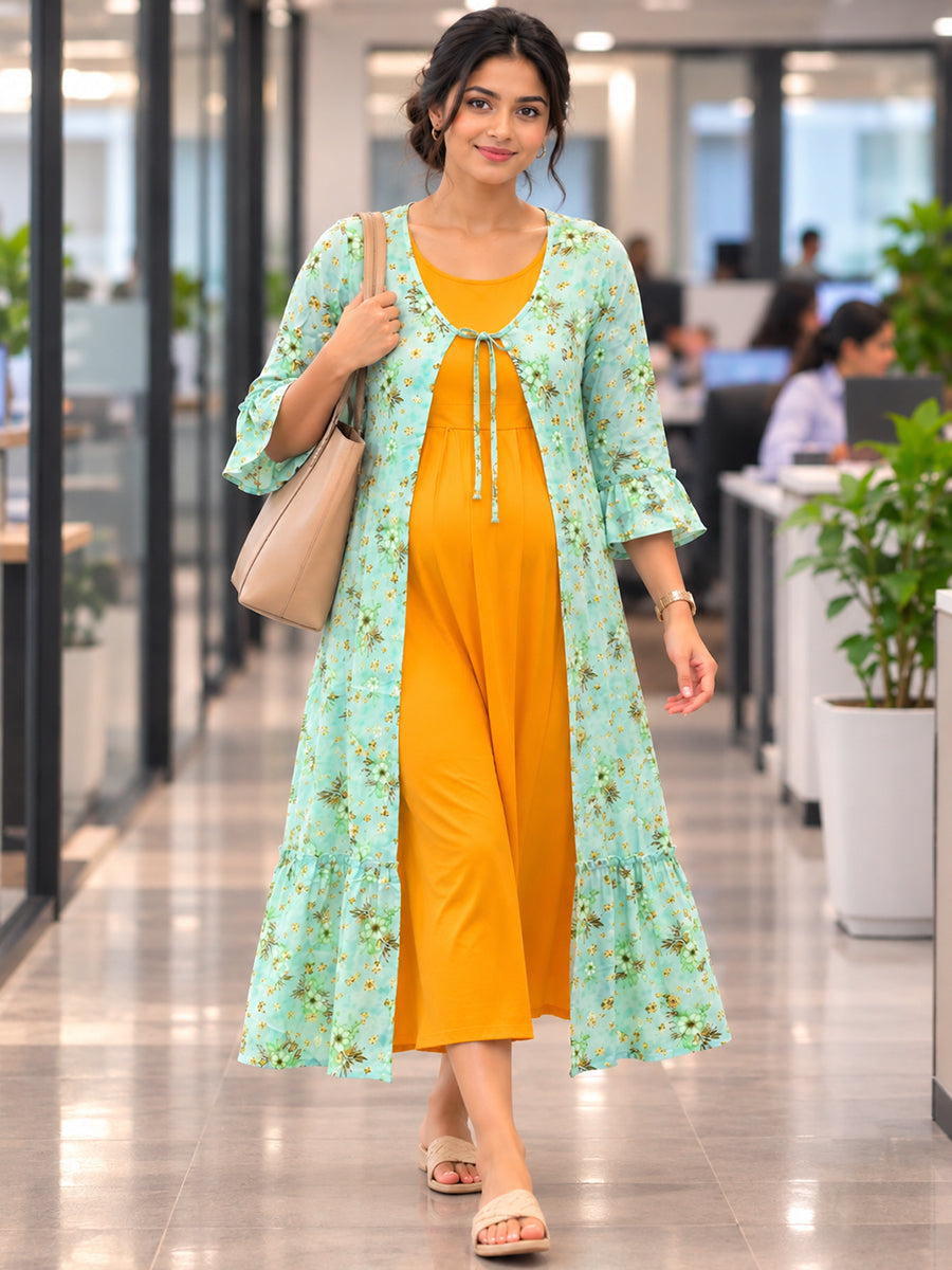 Ziva Premium Rayon Maternity & Feeding Dress with Sleeveless Inner & Floral Tie-Up Long Jacket With Side Pocket– Dark Orange Yellow & Soft Mint Green Floral