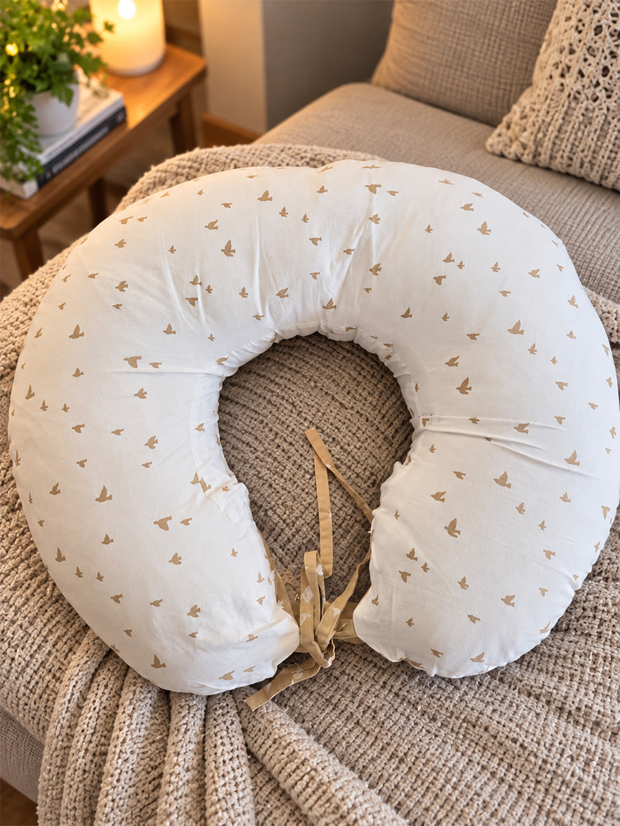 Ziva Multipurpose Feeding Pillow – Warm Beige & White with Reversible Bird Print | 100% Cotton Cover | Removable & Washable