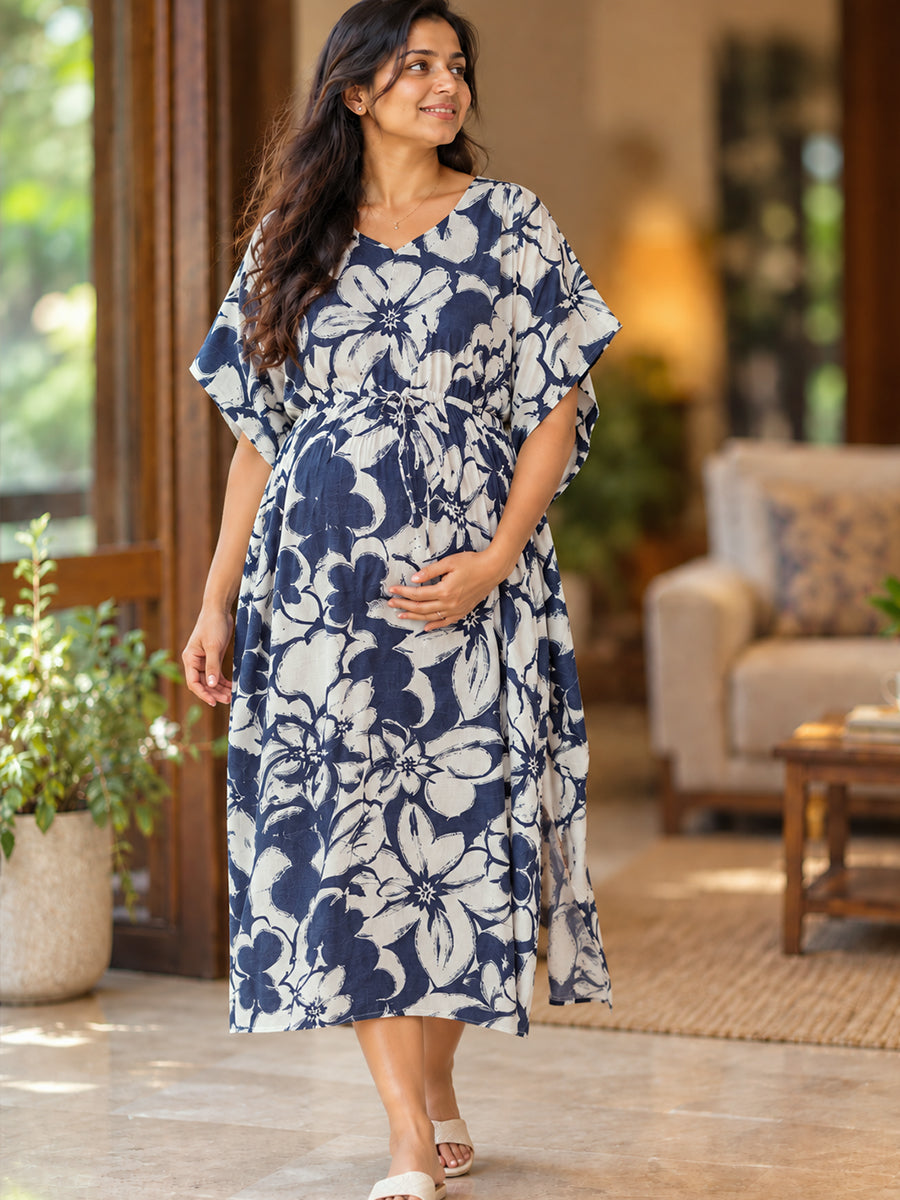 Ziva Maternity & Feeding Kaftan with Feeding Zip & Waist Adjustable Tie – Deep Navy Blue Floral Print