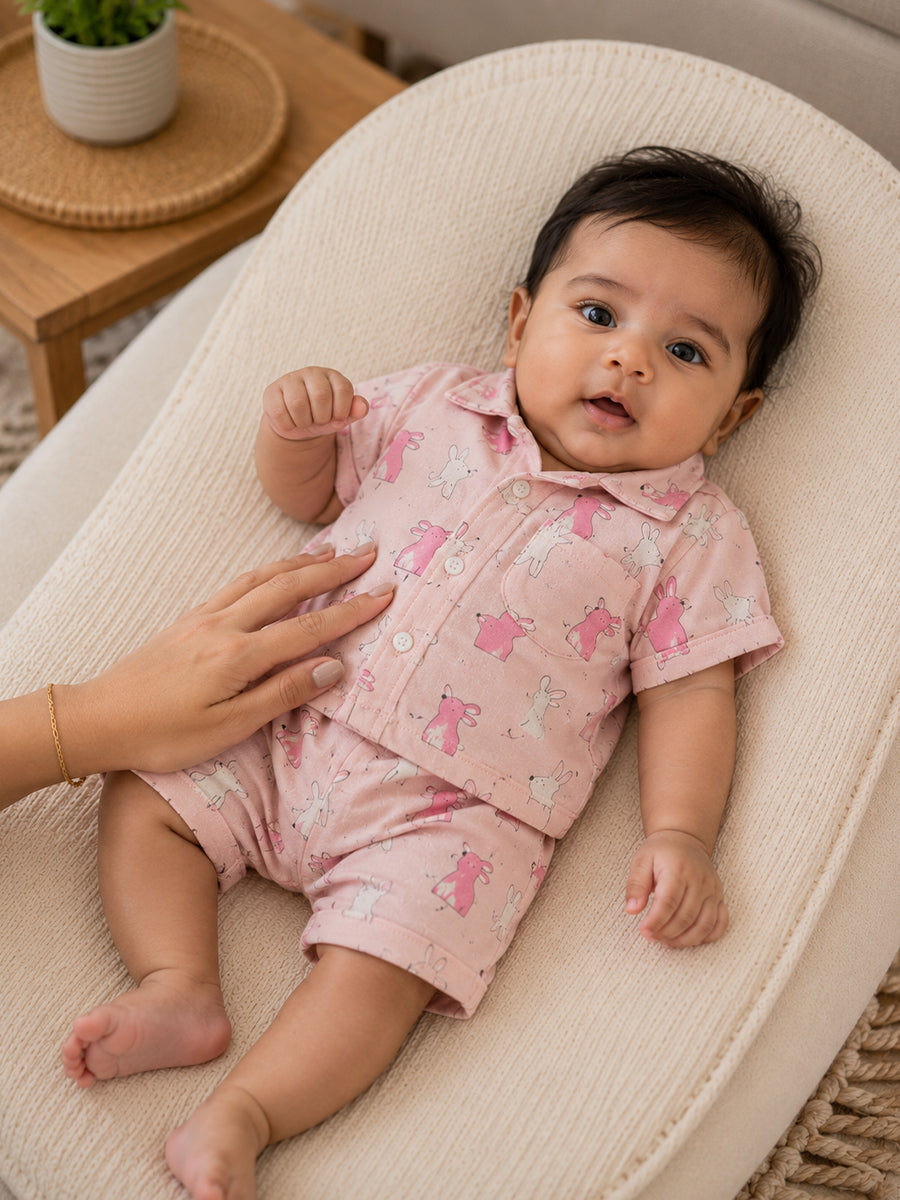 Ziva Premium Knitted Cotton Baby Co-Ord Set – Collar Neck Shirt & Elastic Waist Shorts | Dusty Rose | Bunny Rabbit Print