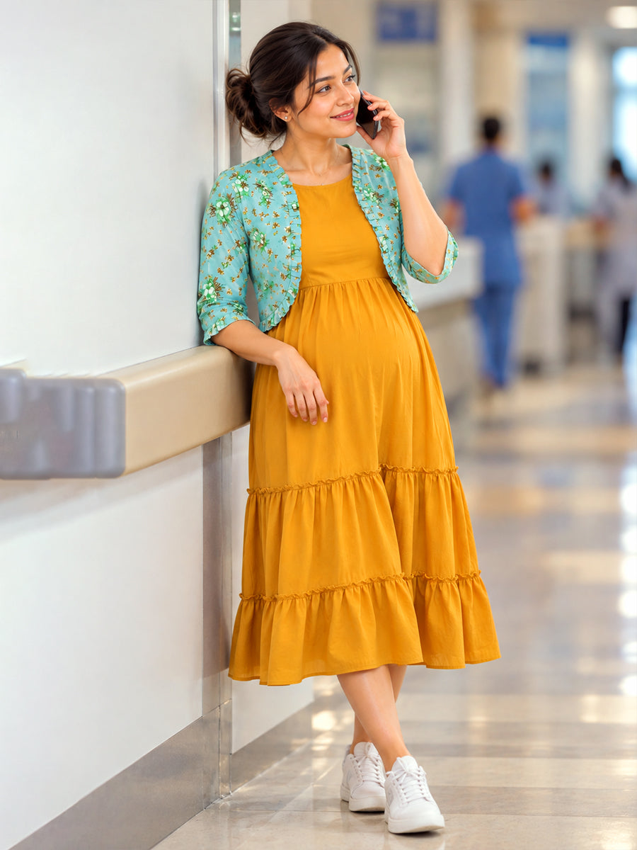 Ziva Maternity & Feeding Sleeveless Dress with Frill-Detail Floral Jacket | Dark Orange Yellow & Light Green Floral