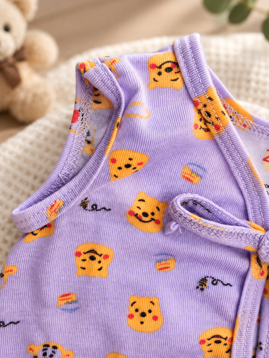 Ziva Newborn Knitted Cotton Front Open Tie Jabla with Light Padded Tie Nappy – Light Lilac Bear Print | 1 Jabla + 1 Nappy