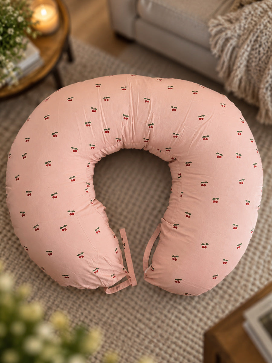Ziva Multipurpose Feeding Pillow – Premium Organic Cotton | Light Brown with Tiny Cherry Print | Removable & Washable Cover