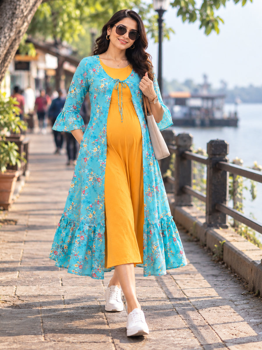 Ziva Premium Rayon Maternity & Feeding Dress with Sleeveless Inner & Floral Tie-Up Long Jacket with side pocket – Dark Orange Yellow & Turquoise Blue Floral