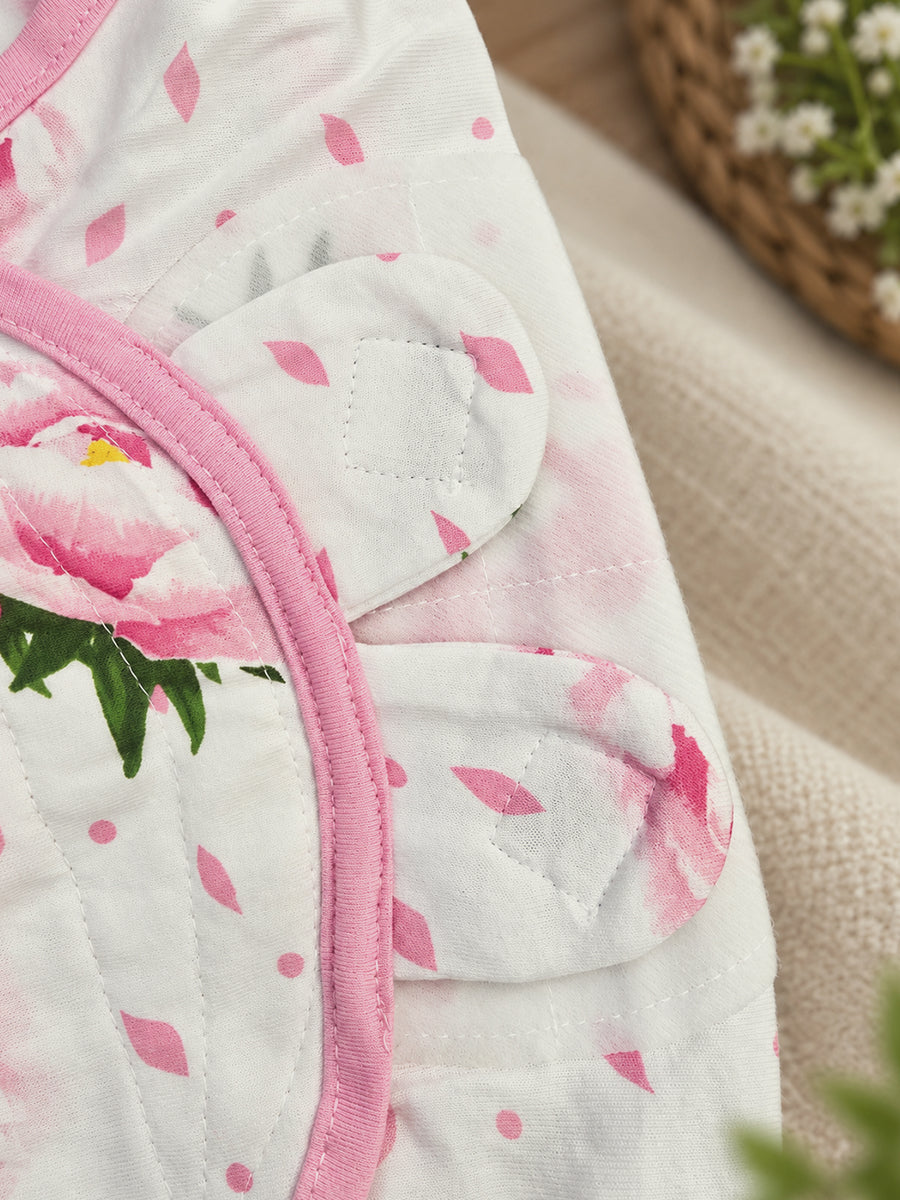 Baby Knitted Cotton Velcro Swaddle – White with Pink Floral Print | Adjustable Velcro Closure | Ziva Collected | Carefully Selected for Your Little One