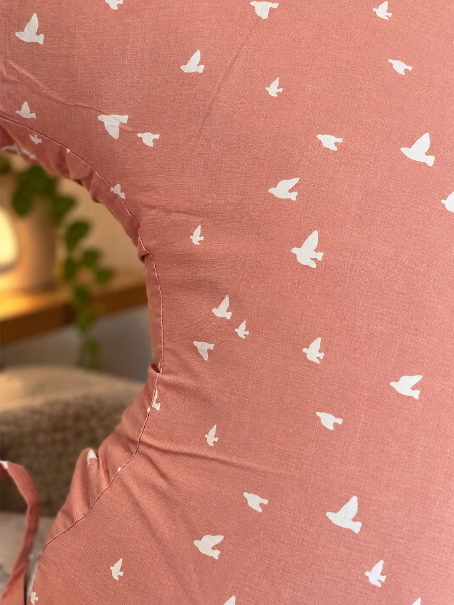 Ziva Multipurpose Feeding Pillow – White with Warm Beige Bird Print | 100% Cotton Cover | Removable & Washable