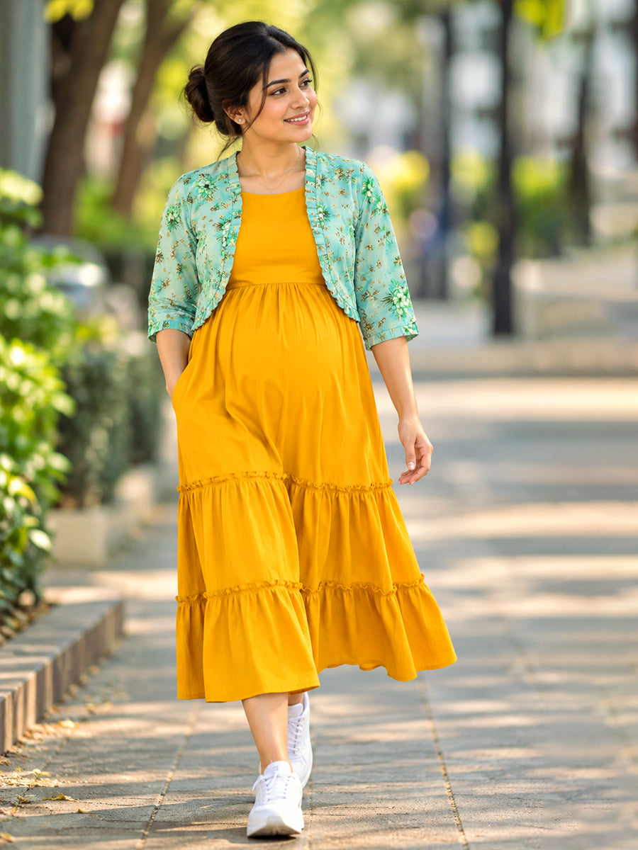 Ziva Maternity & Feeding Sleeveless Dress with Frill-Detail Floral Jacket | Dark Orange Yellow & Light Green Floral