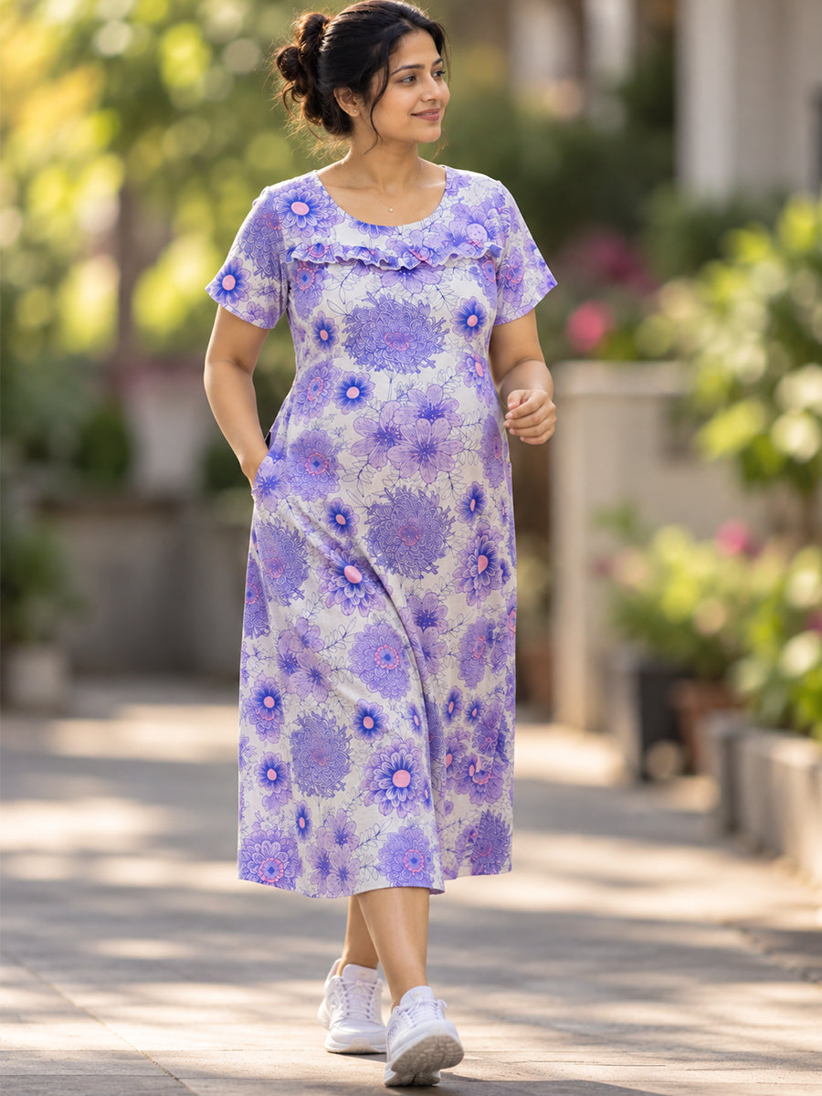 Ziva Maternity & Feeding Cotton Short Nighty – Concealed Feeding Zips & Side Pocket | Purple Floral Print
