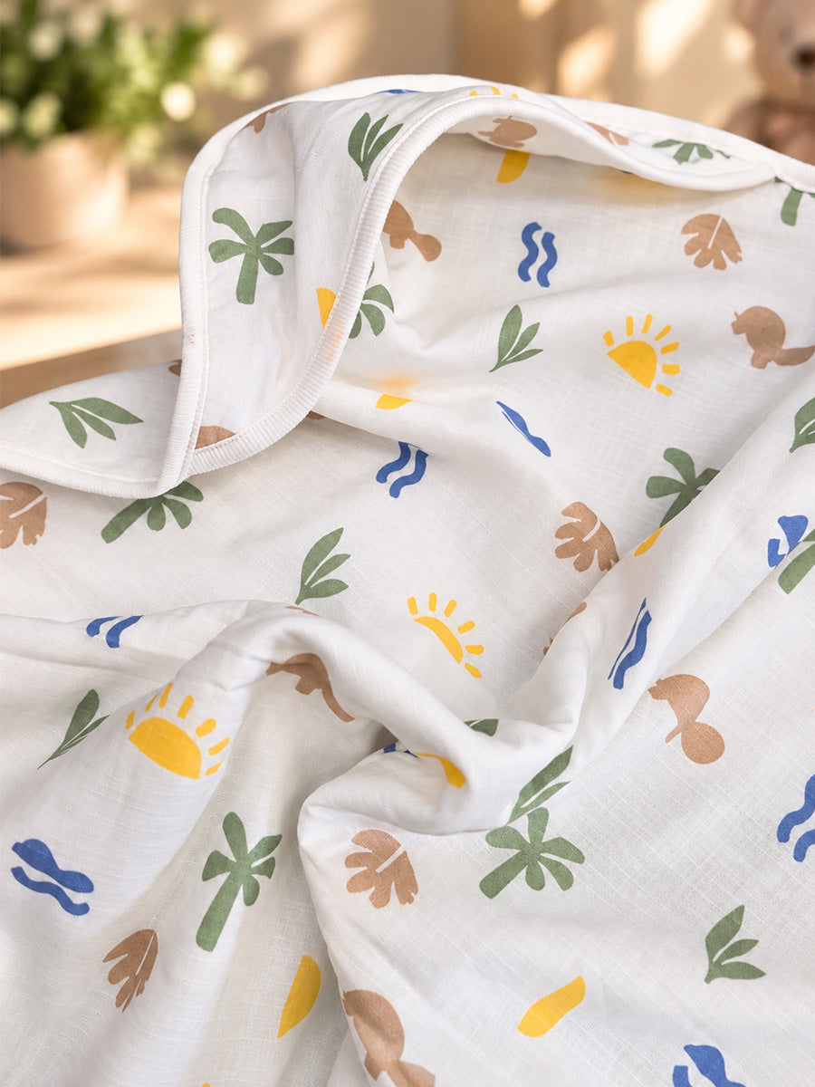 Ziva Premium Muslin Hooded Towel – Double Layer Muslin with Soft Fleece Core | Tropical Nature Print