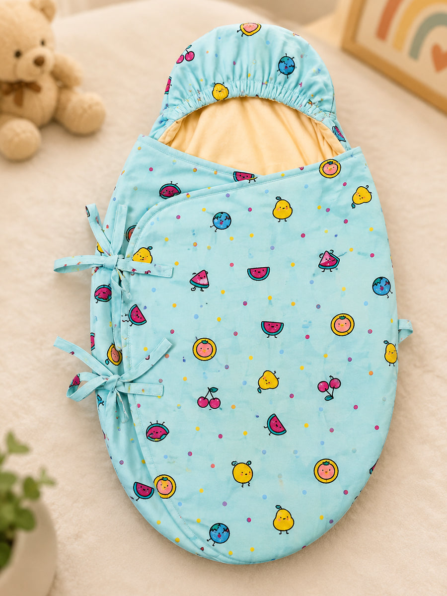 Ziva Cotton Baby Egg Wrap with Hood | Adjustable Side Tie | Double Shade | Sage Green with Butter Cream | Hooded Baby Wrapper