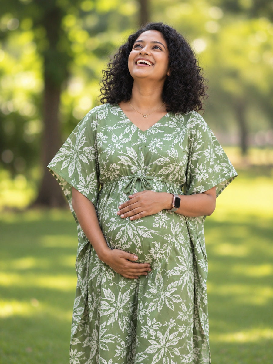 Ziva Maternity & Feeding Cotton Rayon Blend Kaftan – Concealed Feeding Zips & Waist Adjustable Tie | Sage Green Botanical Leaf Print