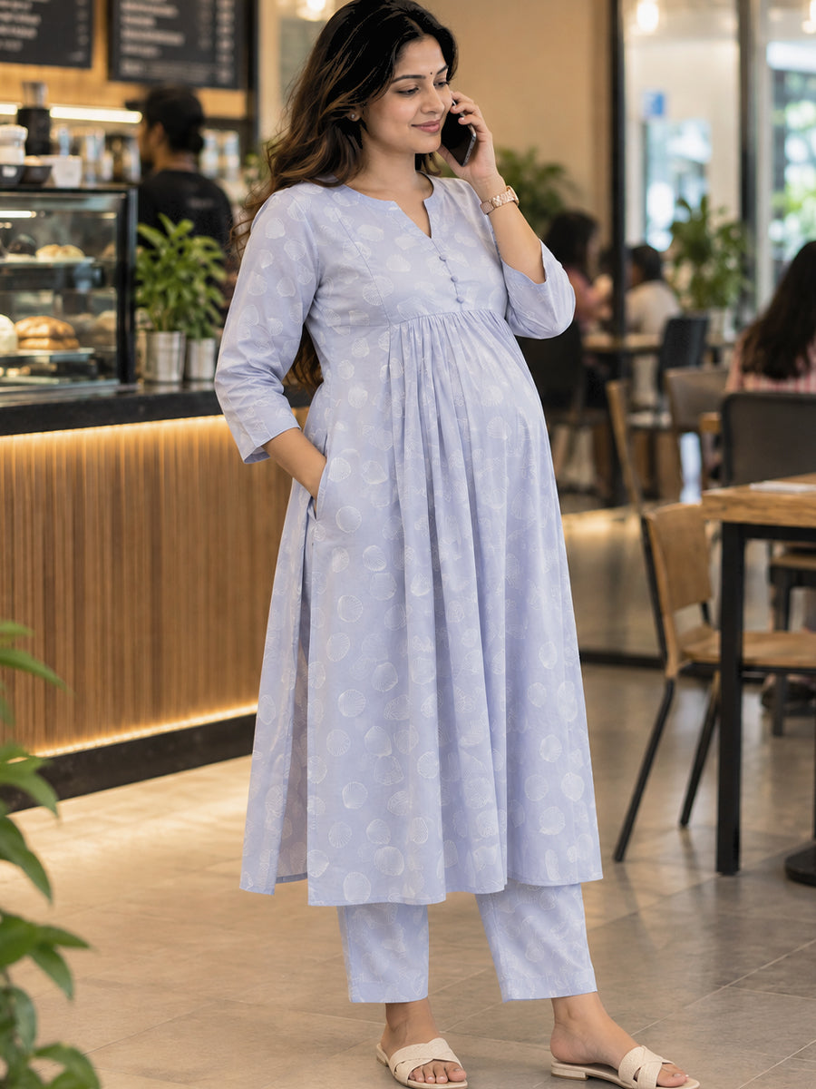 Ziva Maternity & Feeding Cotton Co-ord Set with Side Zips & Pockets – Pale Lavender Seashell Print
