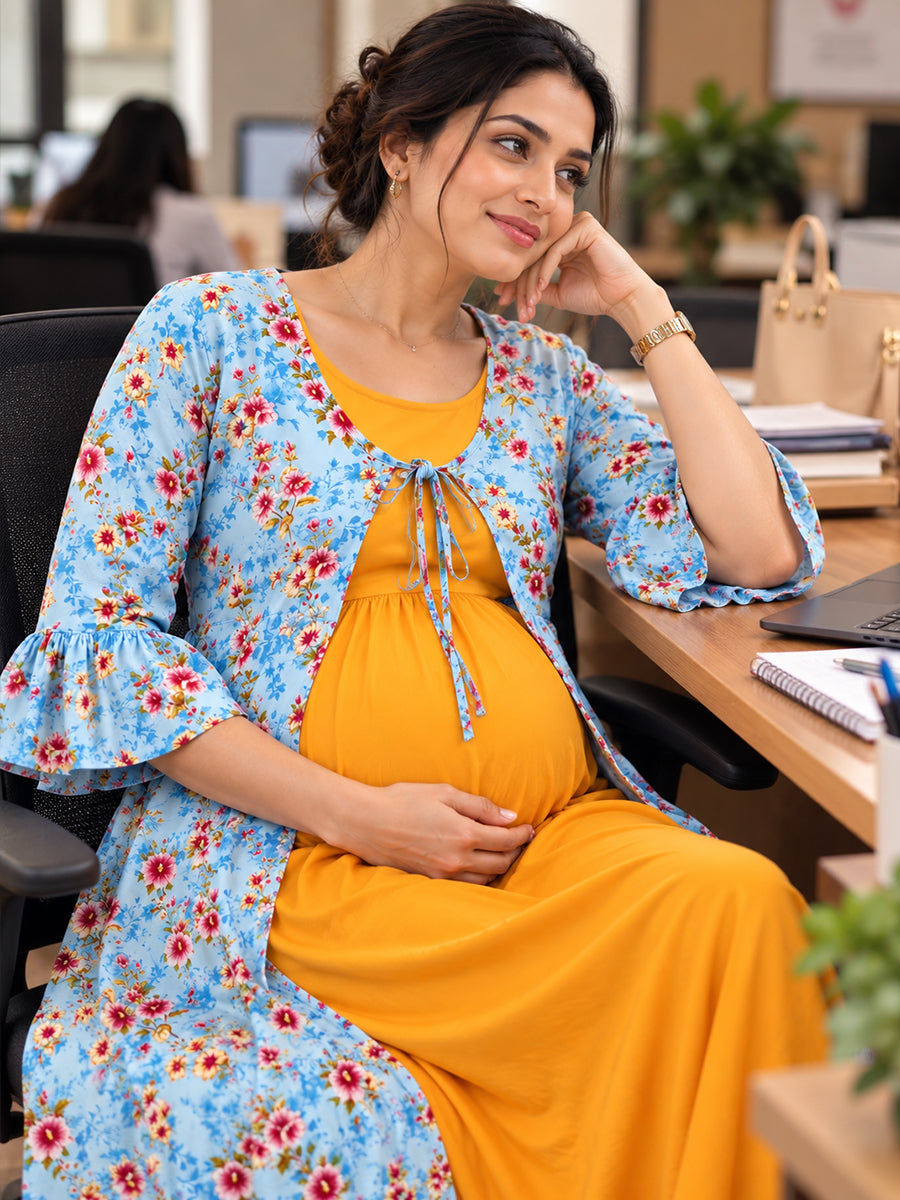 Ziva Premium Rayon Maternity & Feeding Dress with Sleeveless Inner & Floral Tie-Up Long Jacket with side pocket – Dark Orange Yellow & Light Aqua Blue Floral