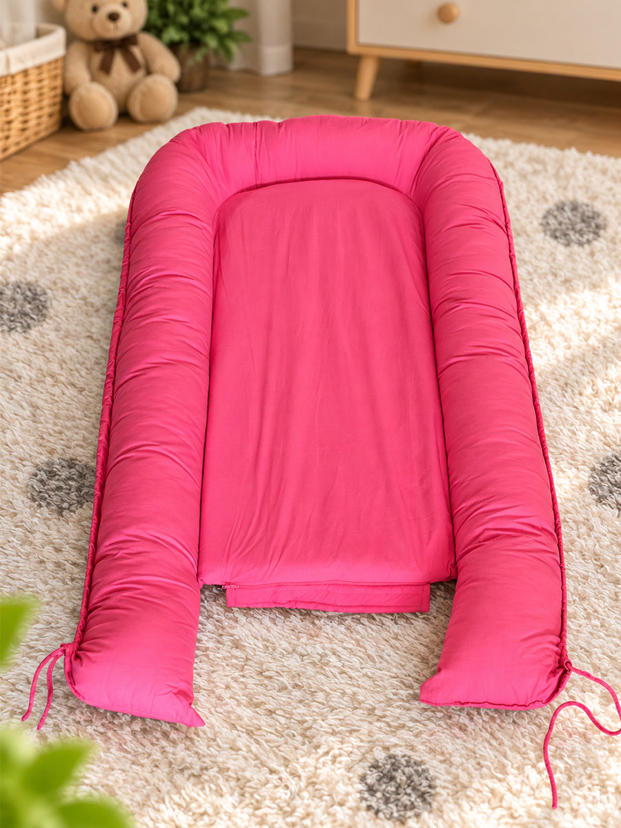 Premium Organic Cotton Multipurpose Baby Nest –  Newborn Baby Lounger & Baby Bed | Raspberry Pink | Ziva Collected | Carefully Selected for Your Little One