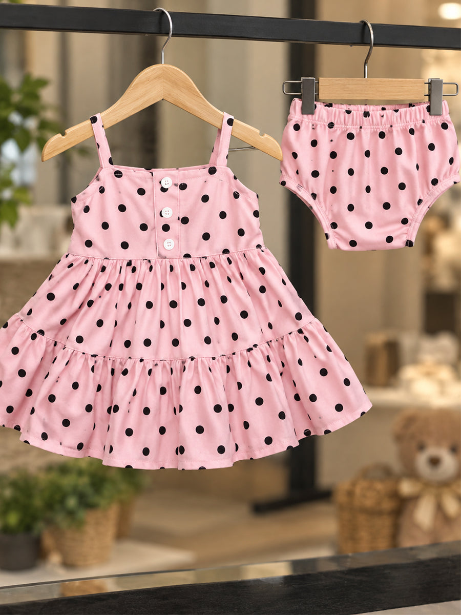 Ziva Baby Girl Strappy Frock with Pantie – Blush Pink Black Polka Dot Print | Premium Knitted Cotton | Tiered Frill & Front Buttons | 2-Piece Set