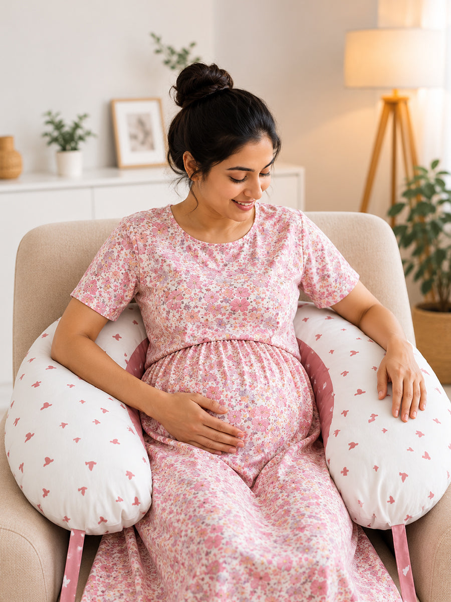 Ziva Multipurpose Feeding Pillow – White & Peach Pink with Reversible Bird Print | 100% Cotton Cover | Removable & Washable