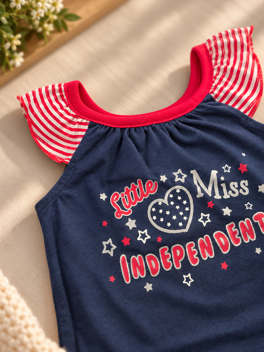 Baby Girl Premium Knitted Cotton Jumpsuit Combo – Navy Blue & Red | Flutter Sleeves | Press-Button Open | 0–3 to 18–24 Months |Ziva Collected | Carefully Selected for Your Little One