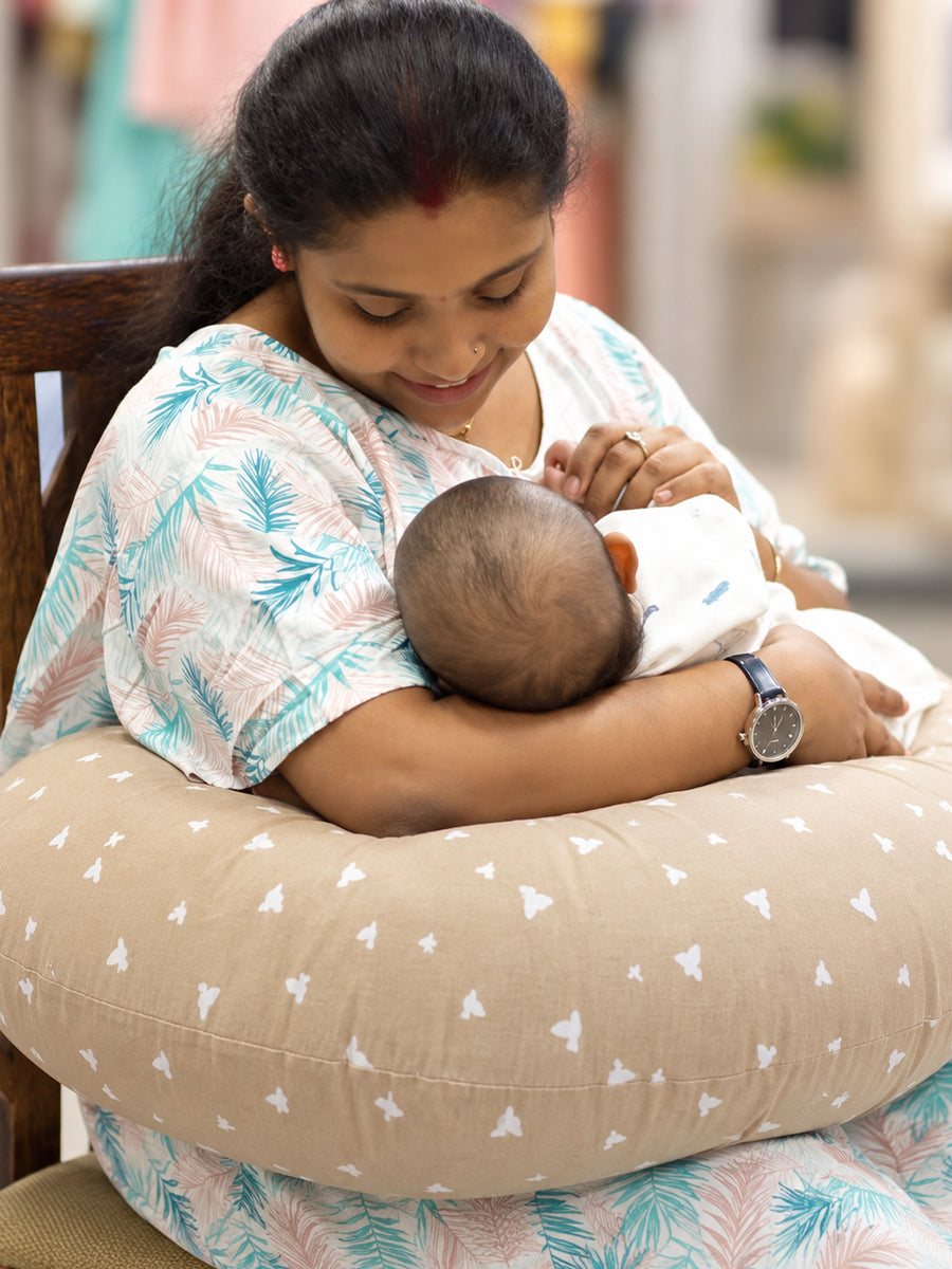 Ziva Multipurpose Feeding Pillow – Warm Beige with White Bird Print | 100% Cotton Cover | Removable & Washable